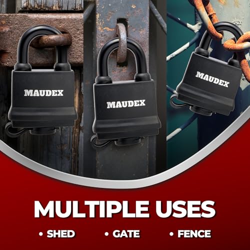 Maudex¢ç IP450 Heavy Duty Padlocks 4-Pack with 12 Same Keys - Weatherproof Outdoor Locks with Hardened Steel Shackle, Waterproof Protection for Gates, Sheds, Fences, Storage Units