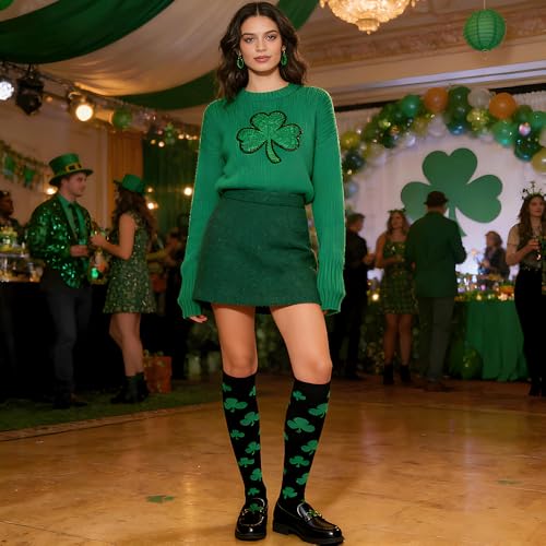 Women's Knee High Compression Socks - Shamrock Print - Large Black Green