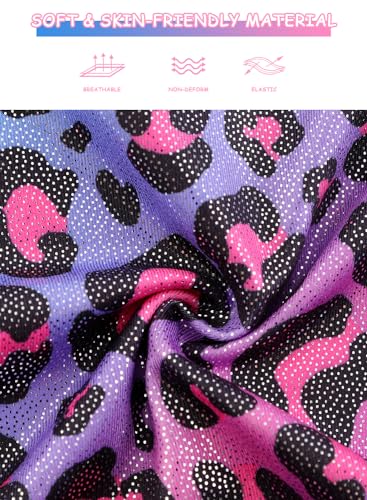 Gymnastics Leotard for Girls - Long Sleeve Unitard with Sparkle Rainbow Mermaid Ribbons - Colorful Leopard
