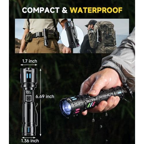 Esgofo Rechargeable Flashlights High Lumens 10000, Single Click Button Design, Super Bright 30W LED, Long Lasting 15H, USB C Input & Output, LCD Power Display, 6.69¡± Length, for Camping Hiking Home