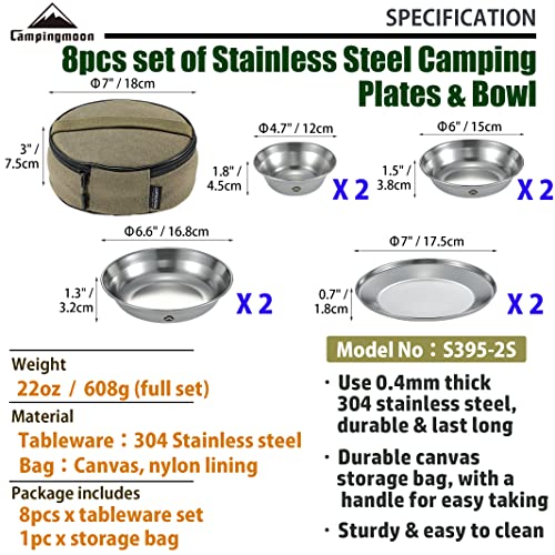 Camping Moon S395 8-Piece Silver Stainless Steel Camping Tableware Set with Canvas Case