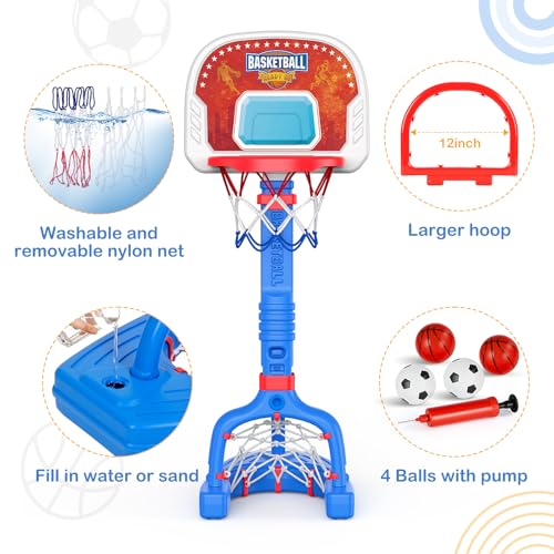 FLMAQE Toddler Adjustable 2-in-1 Basketball Hoop & Soccer Goal - Blue+Red, 4 Balls, Indoor & Pool