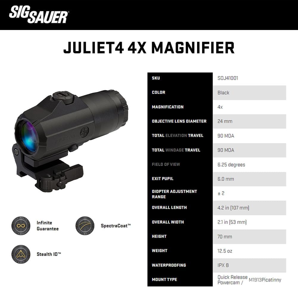SIG SAUER JULIET4 4X Magnifier - Durable, Waterproof & Adjustable Quick Release for M1913 Picatinny