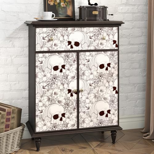 Gothic Wallpaper Skulls Ferns Peel and Stick Wallpaper Beige Brown Halloween Contact Paper for Bedroom Bathroom Living Room Cabinets 17.5"x102" Removable Waterproof Skulls Art Decor Mural