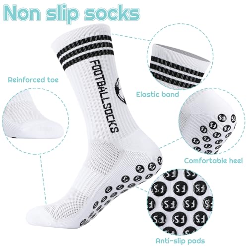 Anti-Slip Athletic Soccer Socks - 3 Pairs, Grip Pads - White, Size 5-8