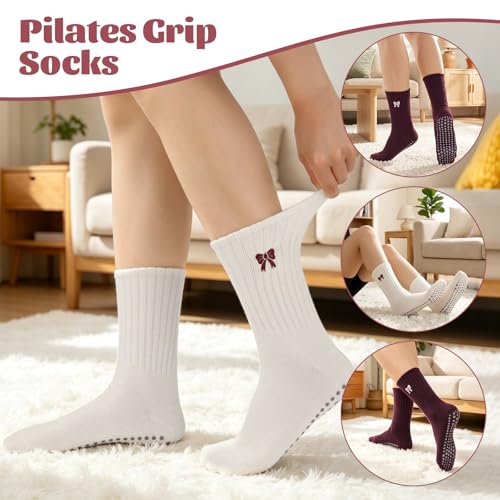 Cute Pilates Socks with Grips - Bow Ruffle Anti-Slip Socks - 4 Pairs