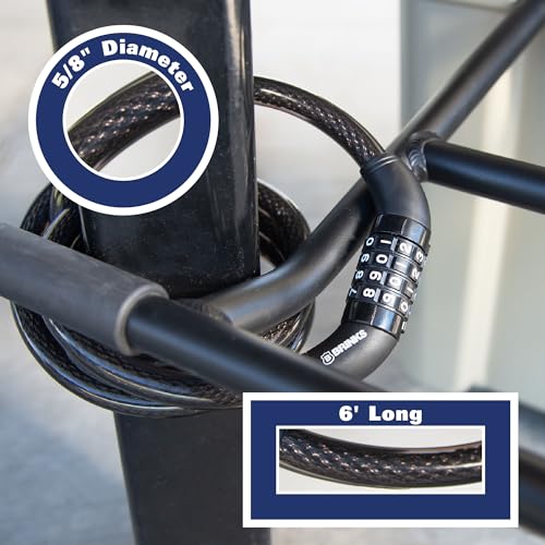BRINKS 6 ft Outdoor Heavy Duty Bike Lock Cable 2 Pack, Thick, Anti Theft Self-Coiling Design, Resettable 4-Dial Combination, 5/8" Weather-Resistant Vinyl Coating for Bikes