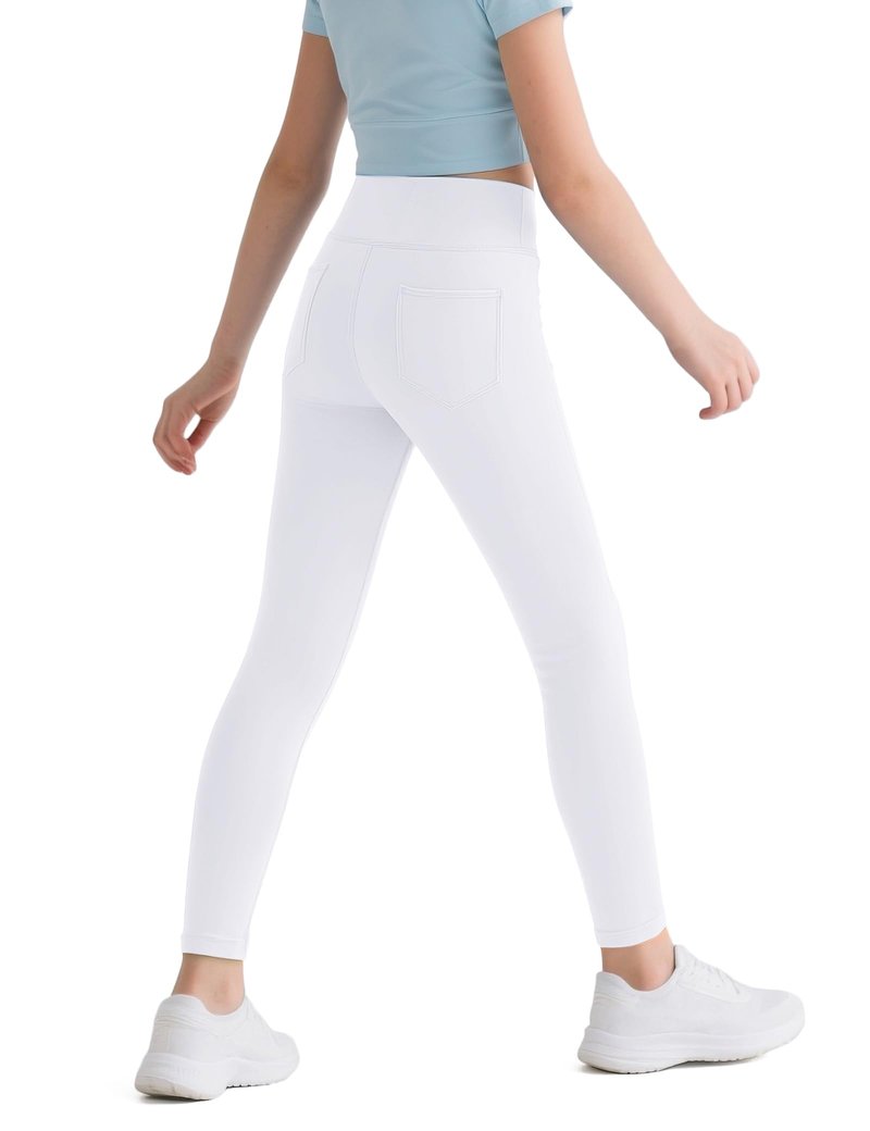 HASMES Girls Athletic Leggings High Waisted Comfort Soft Elastic Yoga Dance Running Pants with Pockets Activewear White
