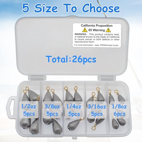 Fishing Weights Sinkers Kit - 26pcs Assorted Sizes for Drop Shots
