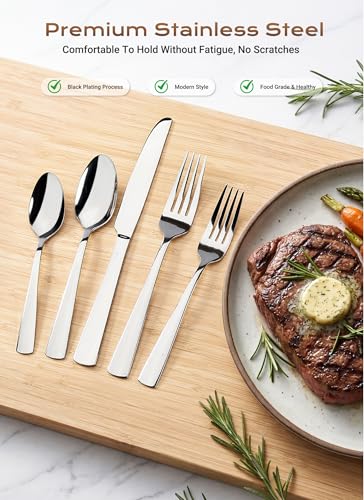 Brightown Silver Flatware Set for 8 - 45-Piece Stainless Steel Cutlery, Silver