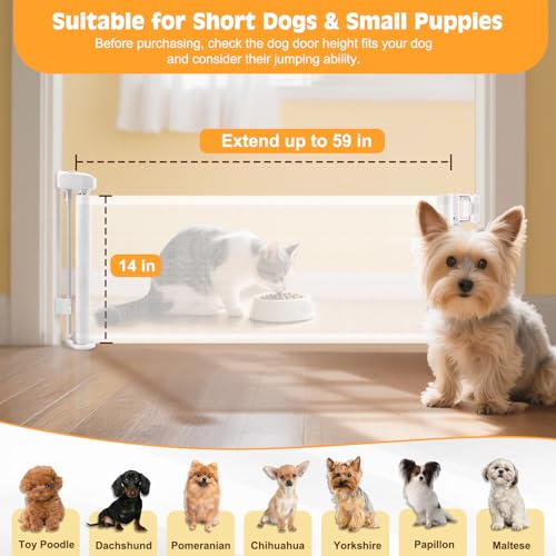 Short Dog Gate,14" Tall Retractable Baby Gate to Step Over, Puppy Mesh Pet Gates Doggy for Doorways Stairs, Extends up to 59" Wide for Kitchen Hallways Indoor, White