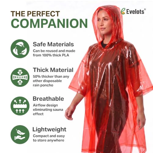 Disposable Rain Poncho for Adults with Hood - Red