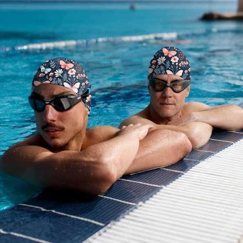 Fabric Swim Cap - Elastic and Breathable for Short Hair - R-3 Butterfly Flower