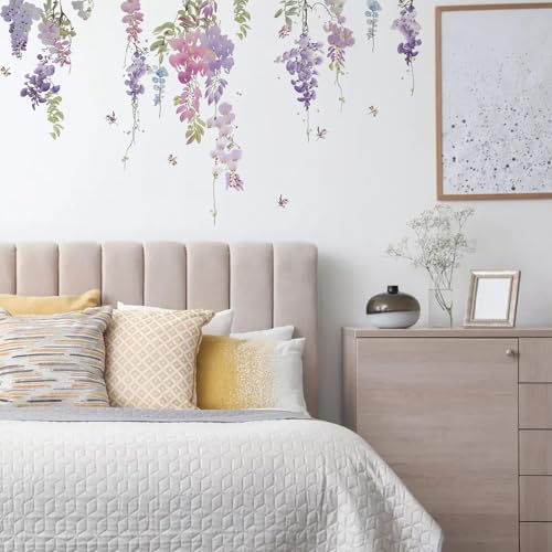 Purple Flower Wall Stickers Removable Peel and Stick Window Clings Purple Hanging Vine Floral Wall Decals for Girls Room, Living Room, Bedroom, Nursery Decor