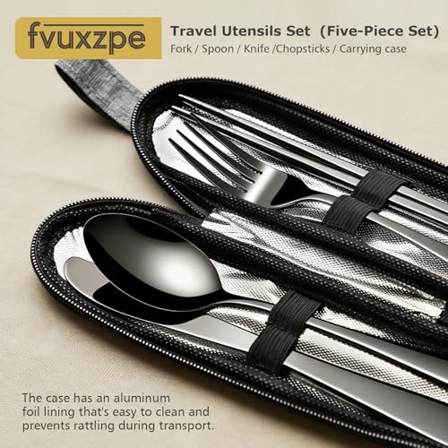 5-Piece Matte Black Stainless Steel Travel Utensil Set with Waterproof Case