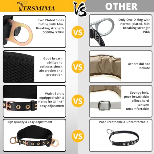 TRSMIMA Safety Harness Climbing Belt - Black Body Fall Protection Men Roof Tree Work Waist-Tongue Buckle Pad D-Ring