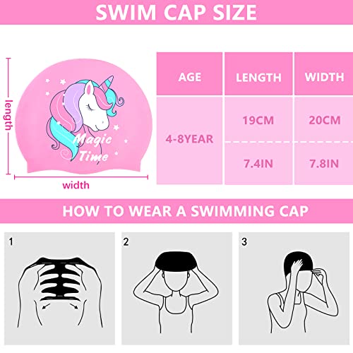 Pink Kids Swim Cap for Girls (Ages 2-6) with Goggles, Ear Plugs & Nose Clip