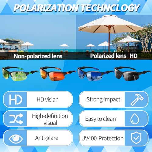 Polarized Sports Sunglasses - UV400 Protection, Lightweight Half-Frame - Green, Orange, Navy, Black