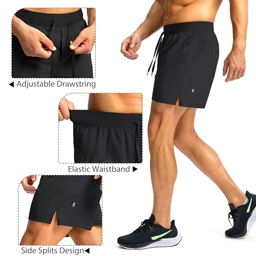 Soothfeel Men's Athletic Running Shorts 5 Inseam Zipper Pockets Medium Black