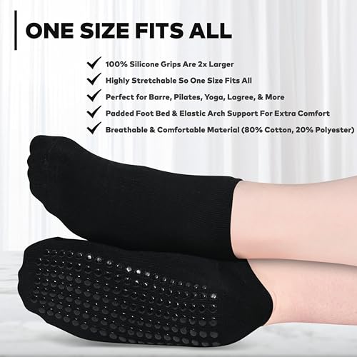 Non-Slip Sticky Grip Socks for Barre, Yoga, Dance - Black on Black