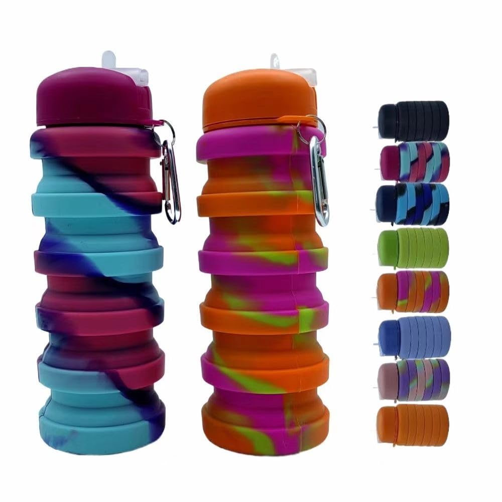 Dontinhu Collapsible Water Bottles 2 Pack 16oz(about 500ml), Travel Portable Sport Water Bottle, Silicone Foldable Water Bottles for Gym Camping Outdoor Hiking. (Orange Camouflage+Rose Red)