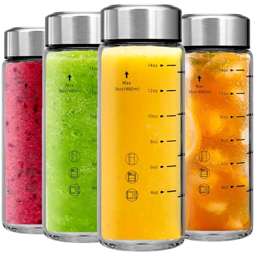 Chunmo 4 Pack 590ml Wide Mouth Glass Juice Bottles with Stainless Steel Lids - Leakproof, BPA Free, Reusable
