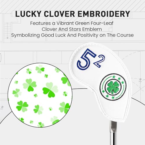Leather Golf Iron Wedge Head Cover 52° - White & Clover Design