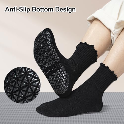 Non-Slip Yoga Socks with Grips - Ruffle Cuff, 2 Pairs, Purple+Pink