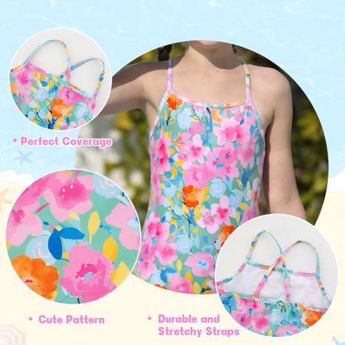 Girls One-Piece Swimsuit - Crossback Straps, Pink Floral, 7-8 Years