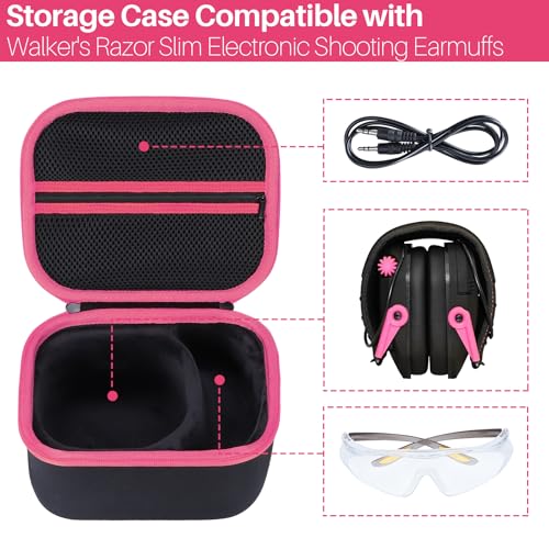 Storage Case Compatible with Walkers Razor Slim/Howard Leight Honeywell Impact Sport/PROHEAR 066 030 Electronic Shooting Earmuffs Hearing Protection Muffs (Black + Pink Case)