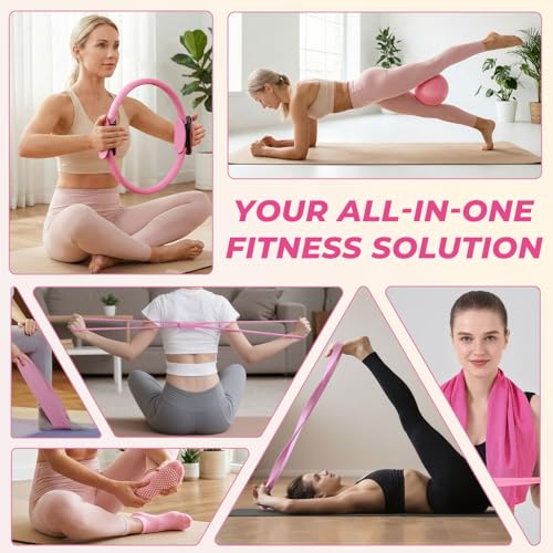 Home Pilates Kit - All-in-One Equipment Set with 14.5" Ring & Ball - Soft Pink