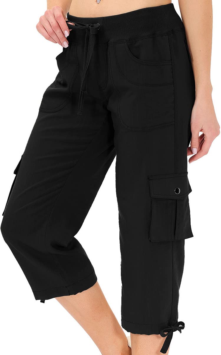 MoFiz Womens Capris with Pockets Loose Fit Casual Capri Pants Dressy Lightweight Ladies Baggy Cargo Pants for Hiking Black 3XL