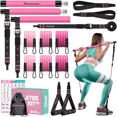 Pilates Bar Kit with 6 Resistance Bands - Adjustable, Pink