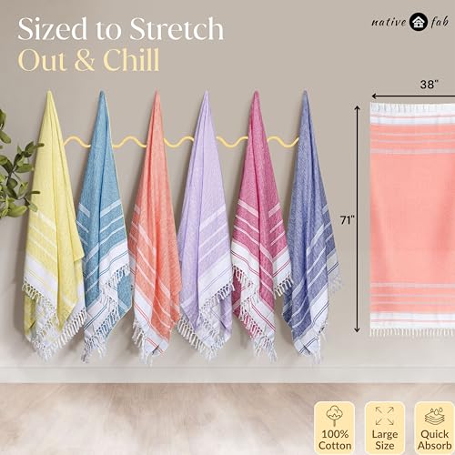 Native Fab Mediterranean Diamond Beach Towels 6-Pack - Soft, Quick Dry, Sand-Free, Oversized Cotton Pool Towels for Adults & Travel