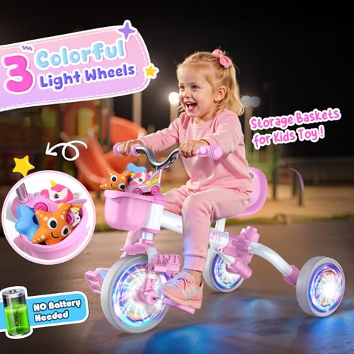 Toddler 5-in-1 Bike for Ages 1-5 - Tricycle with Pink Light-Up Wheels