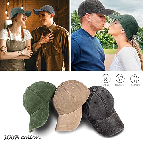 Vintage Washed Cotton Baseball Cap - Dark Green, Black & Khaki, Adjustable Dad Hat for Men & Women - Medium-Large