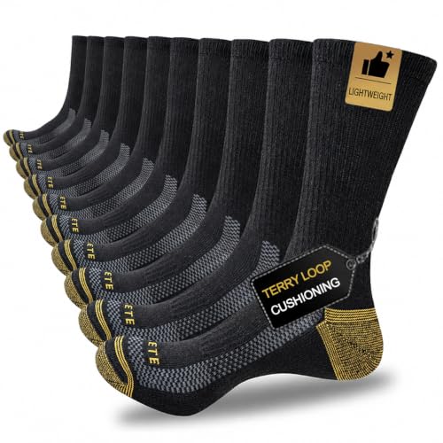Men's Athletic Crew Socks - Light Cushion Work Socks, Large, Black/Gold (5 Pairs)