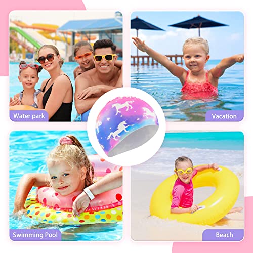 WAWSAM Unicorn Mermaid Kids Swim Cap 2 Pack Silicone 3-8 Years – Long & Short Hair