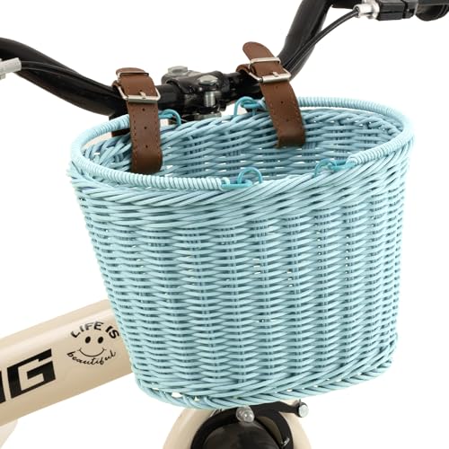 Light Blue Kids Bike Basket - Wicker Bicycle Front Basket for Children