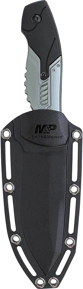 Smith & Wesson M&P Fixed Blade Knife - 8.7in Full Tang with 4.1in Serrated Clip Point Blade, Black Aluminum Handle