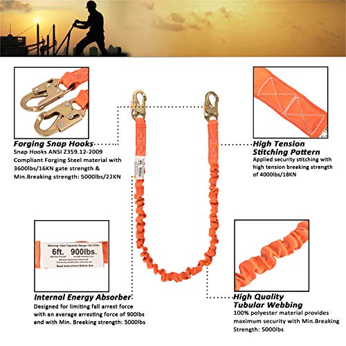6-Foot Internal Shock Absorbing Safety Lanyard with Double Forging Snap Hook Connectors ANSI Z359.13-2013 Compliant Fall Protection Equipment (1 Pack)