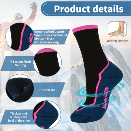 Merino Wool Crew Socks for Men & Women - 3 Pairs Red+Green+Pink