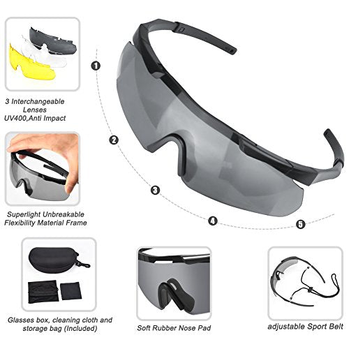 xaegistac Black Frame Tactical Eyewear with 3 Interchangeable Lenses - Unisex Shooting Glasses