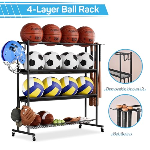 4-Tier Ball Storage Rack with Wheels for Garage & Sports Equipment