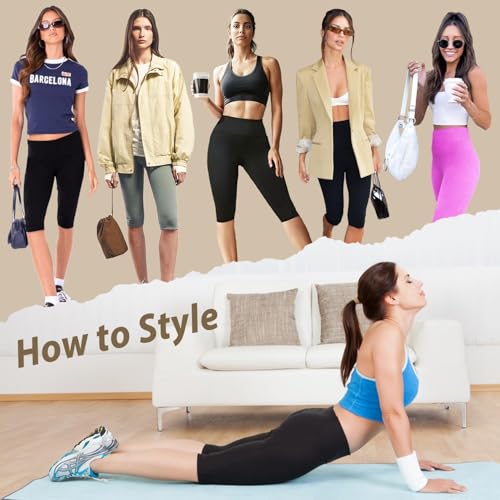 High Waisted Tummy Control Leggings for Women - Knee Length - Black