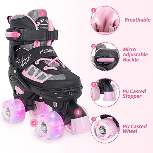 MammyGol Adjustable Kids Roller Skates Pink Small 9C-12C with Light-Up Wheels