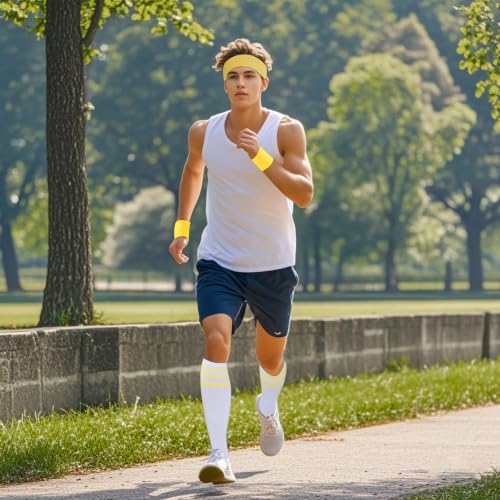 5-Piece 80s Striped Sweatbands and Socks Set - Yellow & White