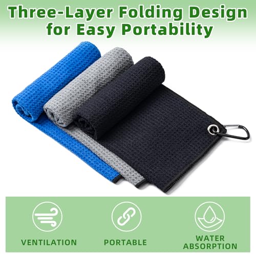 3 Pack Microfiber Golf Towels, 16x16 Waffle Weave with Clip - Blue/Black/Gray