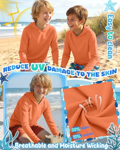 Boys Long Sleeve Rash Guard Hoodie UPF50+ - Orange, 5-6 Years
