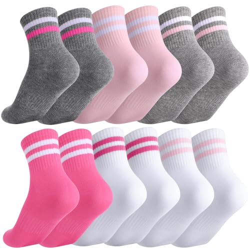 Kids Crew Athletic Socks - 6 Pairs Pink & White, Age 3-6 Years
